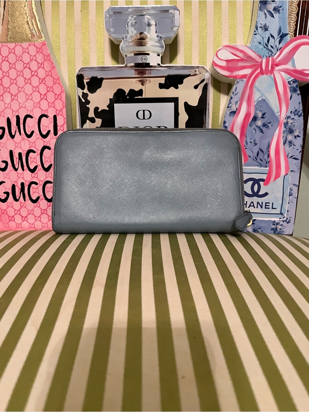 Prada Zip-Around Saffiano Wallet in Steel Blue with Gold Logo - Picture 8 of 11